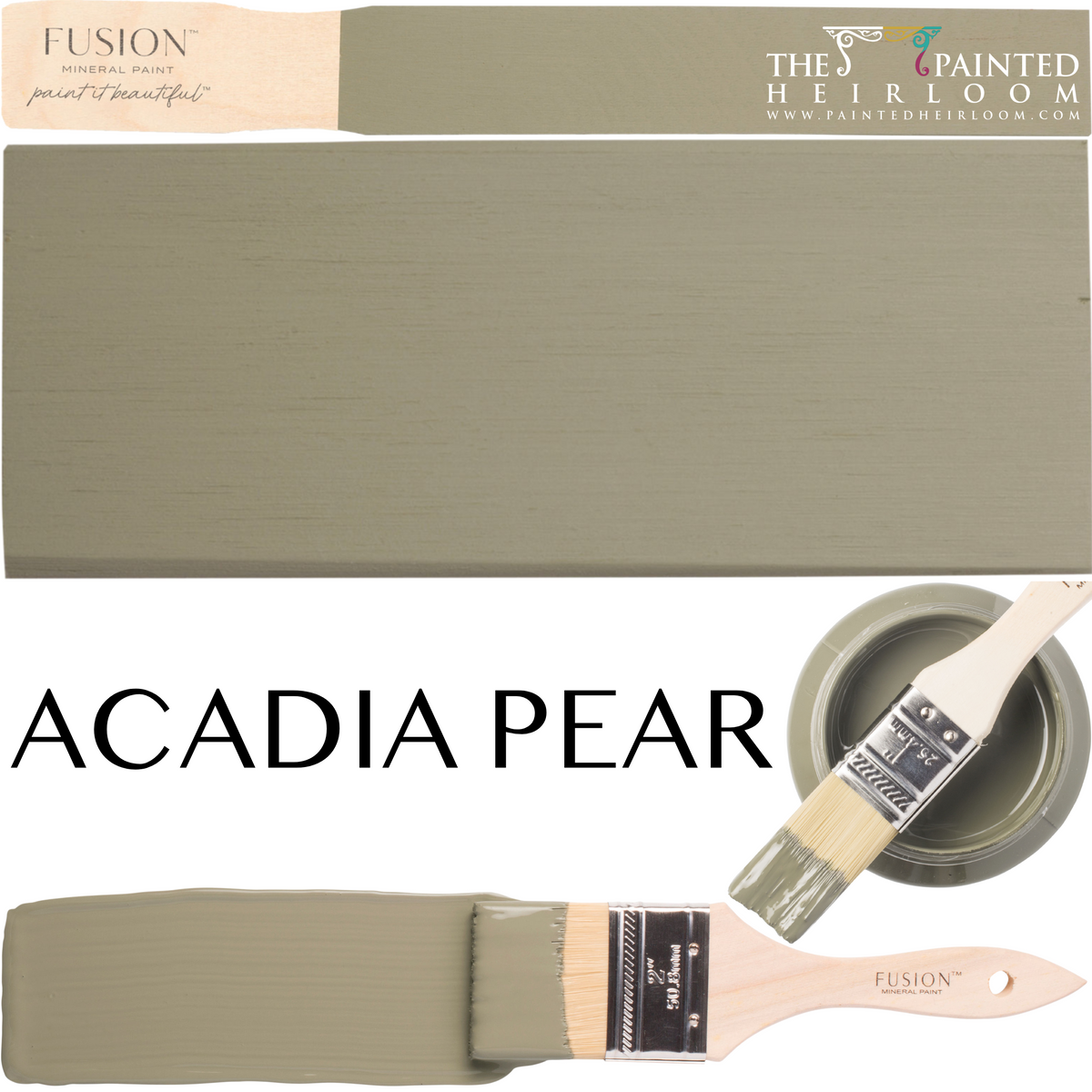 Acadia Pear Fusion Mineral Paint swatch, brushstroke, paint can, and Fusion Mineral Paint logo visible.