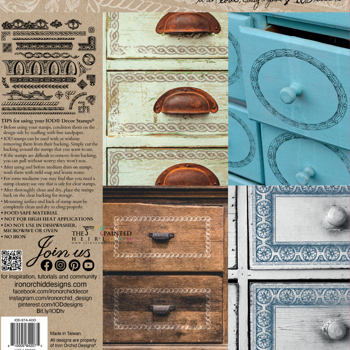 Collage showing drawers decorated with I.O.D. Adornment Stamp by Iron Orchid Designs; includes project tips.
