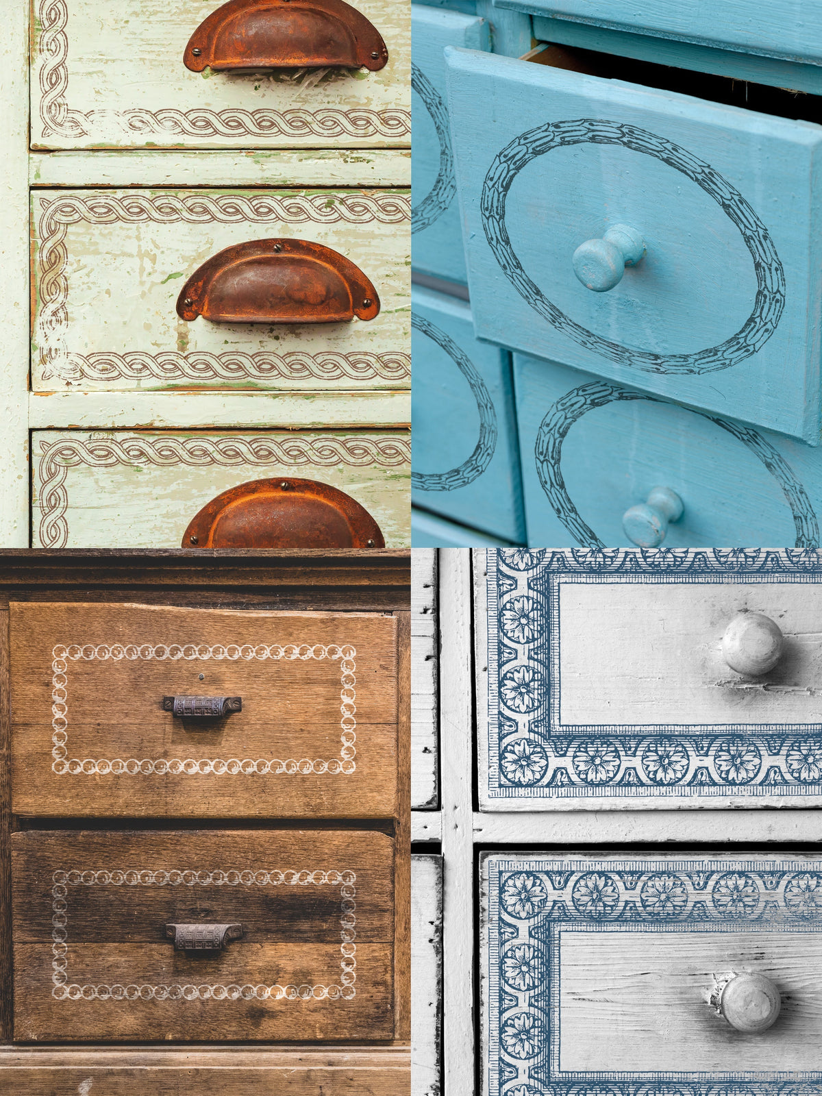 Four vintage drawers with unique handles, assorted colors, and I.O.D. Adornment Stamp decorative patterns.