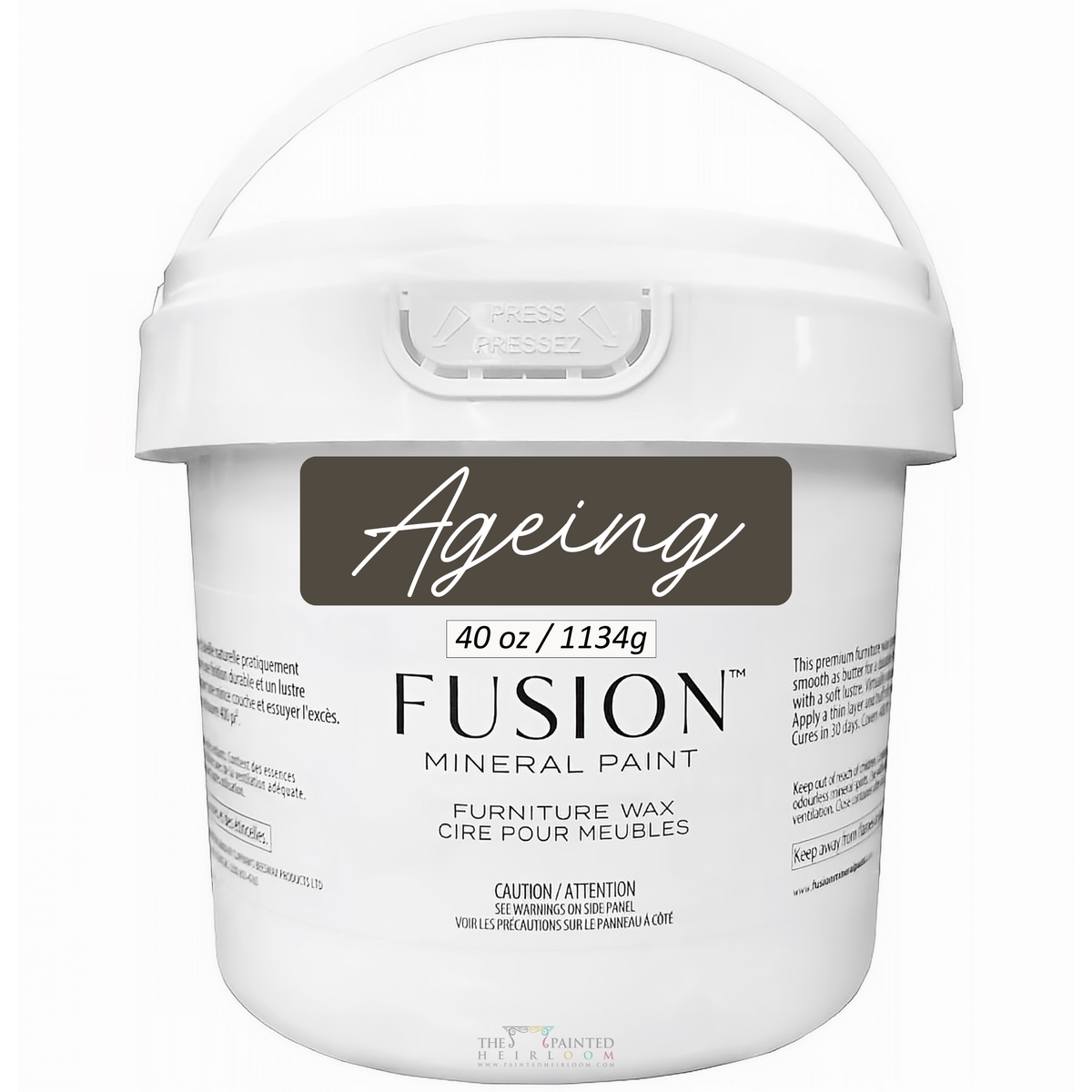 Fusion Mineral Paint Ageing Furniture Wax, 40 oz white tub, with usage instructions on packaging.