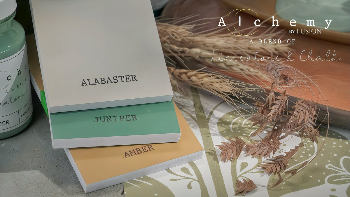 Alchemy Briefcase Swatch Box Set by Fusion Mineral Paint with Alabaster, Juniper, and Amber sample blocks.