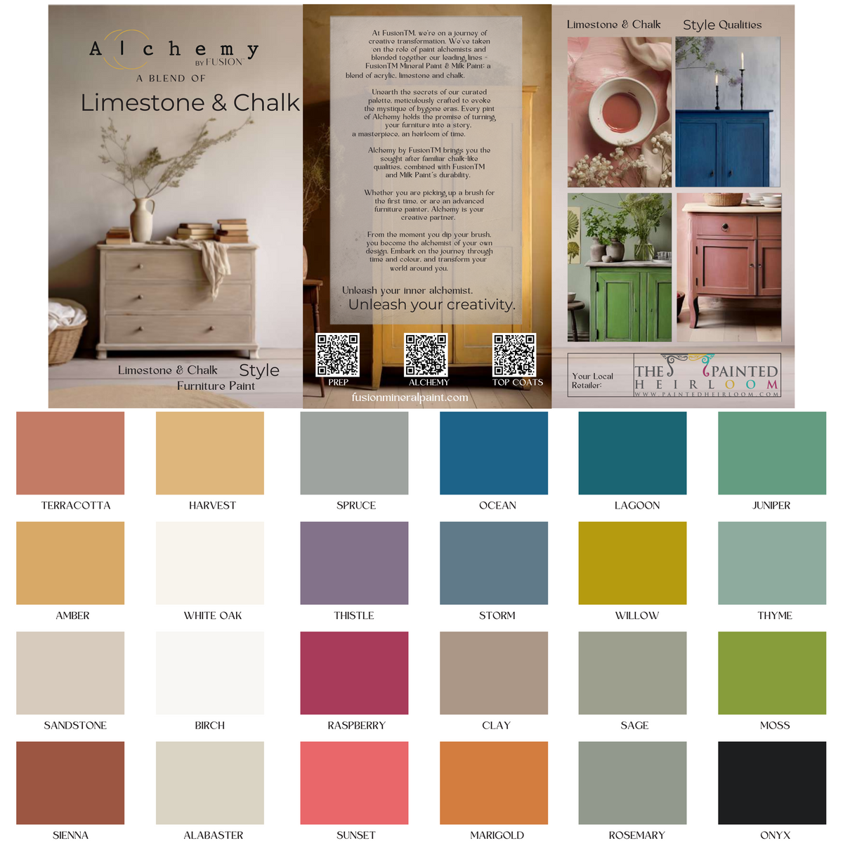 Alchemy by Fusion Mineral Paint color chart with 24 swatches, PDF download available.