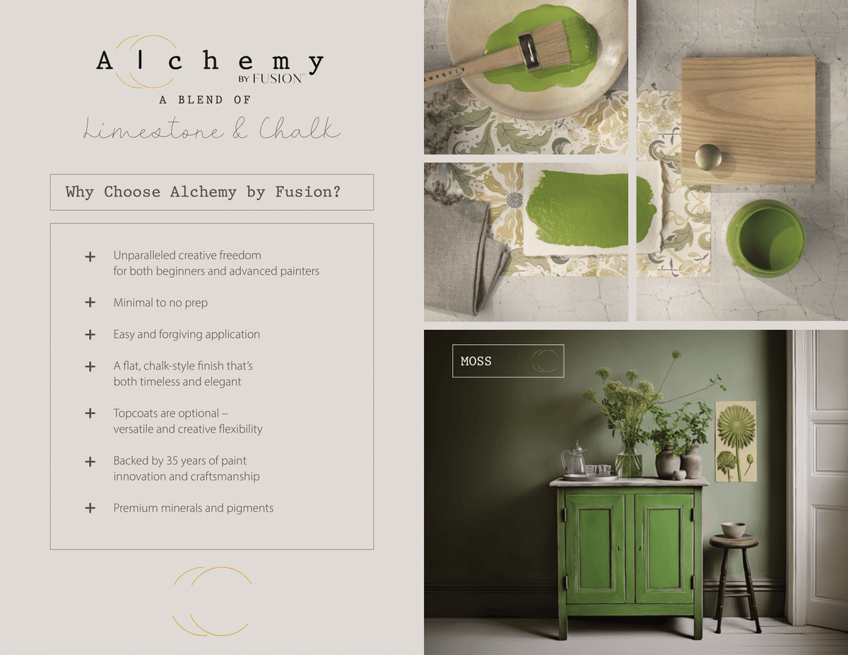 Cabinet painted in Fusion Mineral Paint’s Alchemy positioned against a green wall, styled with decor and supplies.