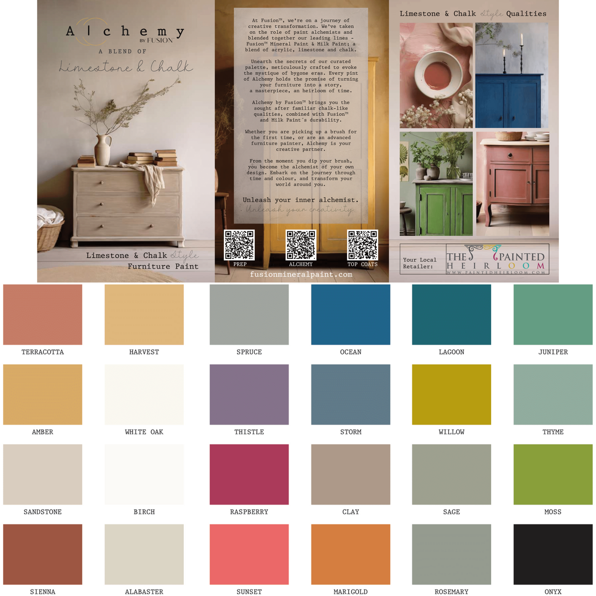 Fusion Mineral Paint Alchemy True Color Card with 24 swatches, furniture images, and chalk-style colors for 2025.