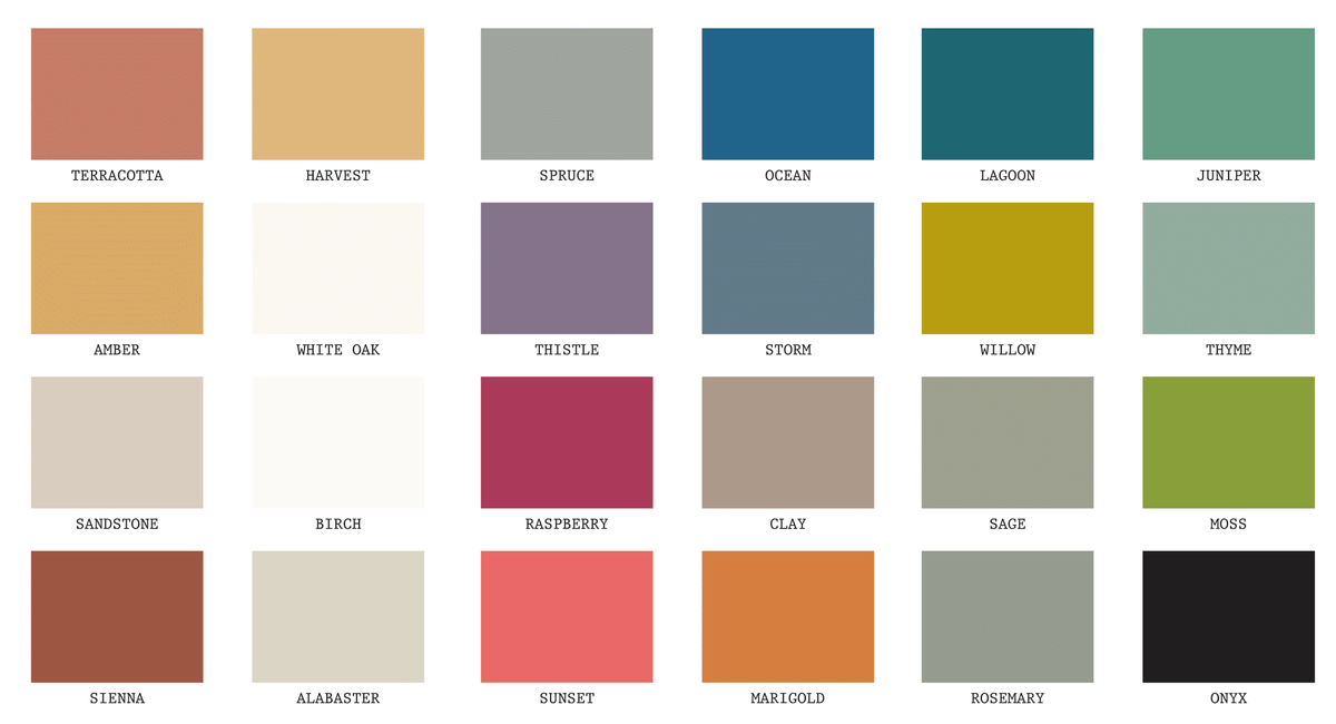 2025 True Color Card by Fusion Mineral Paint showing 20 Alchemy by Fusion colors, each with its name.