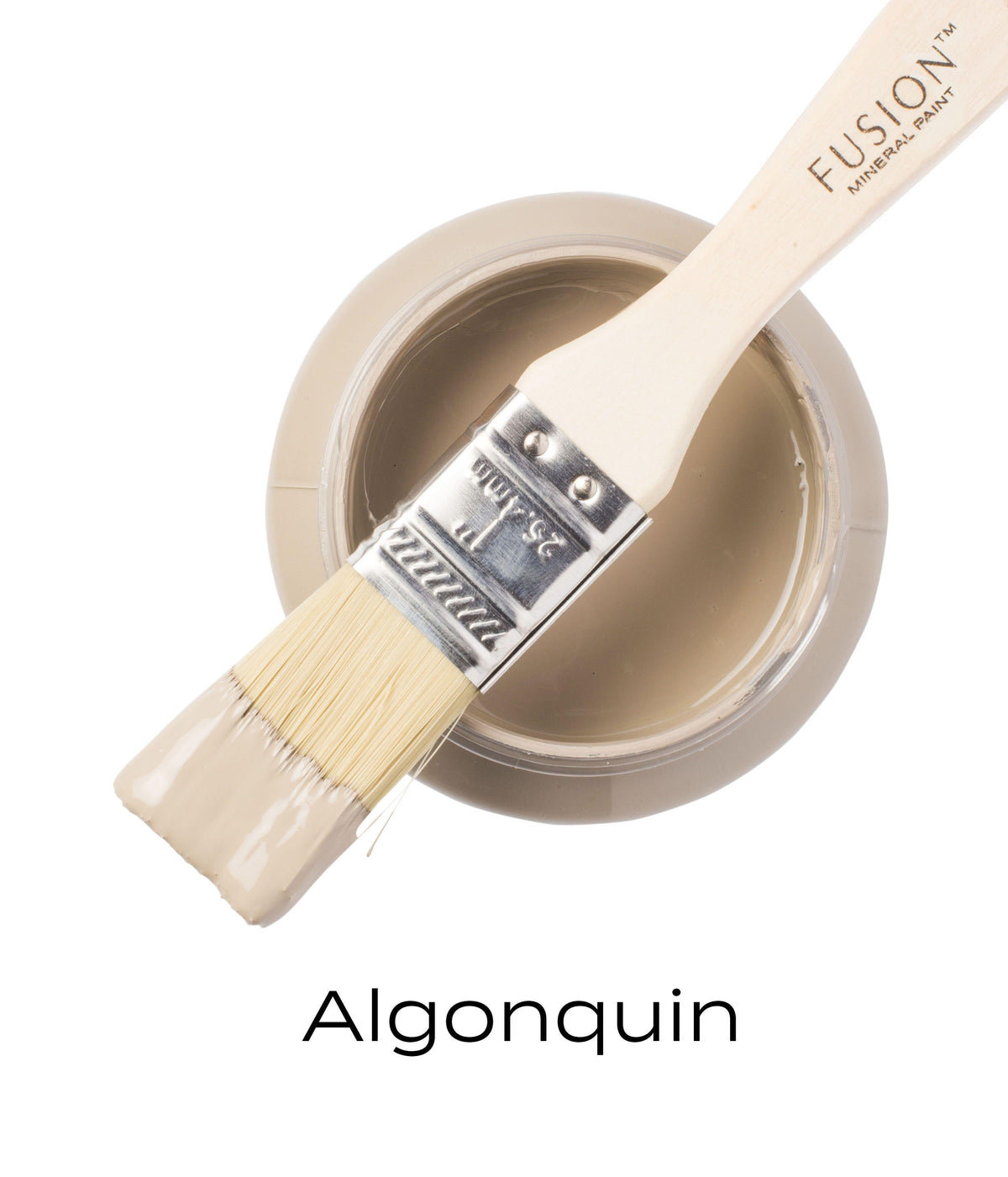 Brush with deep taupe paint on open jar of Fusion Mineral Paint Algonquin, showing the matte finish.
