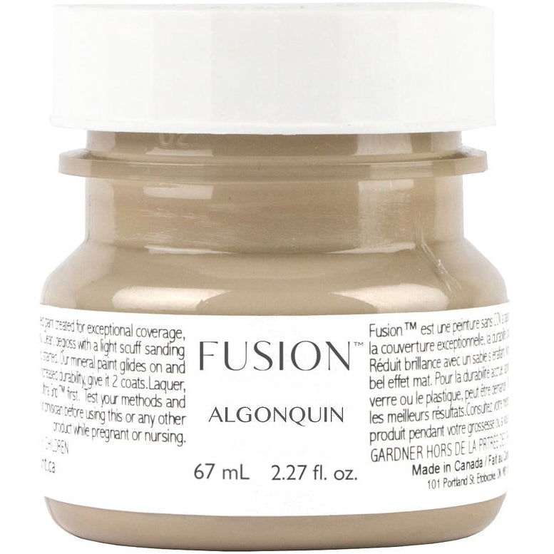 67 mL Algonquin Fusion Mineral Paint jar, deep taupe matte, white lid, visible usage instructions.