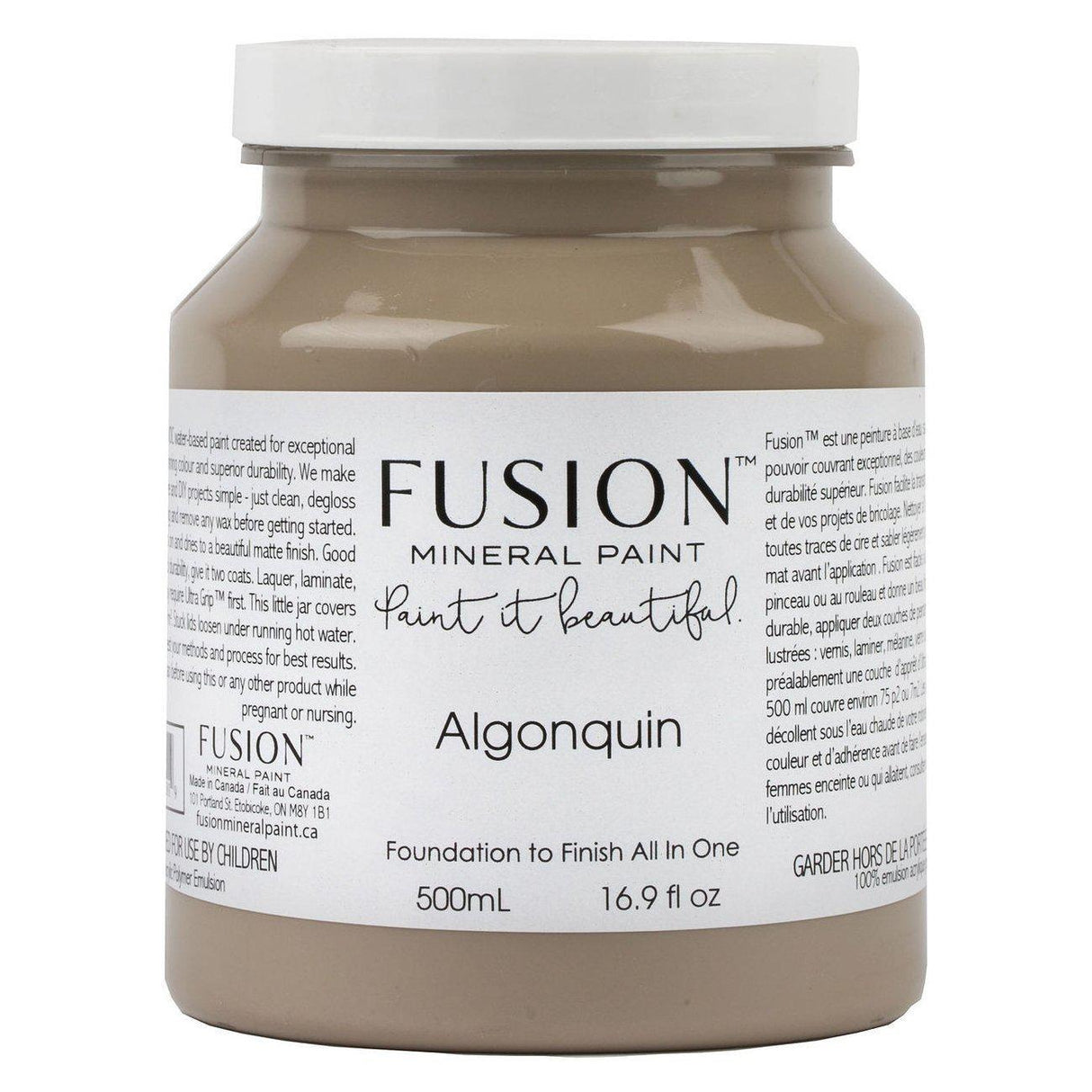 500ml Algonquin Fusion Mineral Paint, deep taupe color, smooth matte finish, by Fusion Mineral Paint.