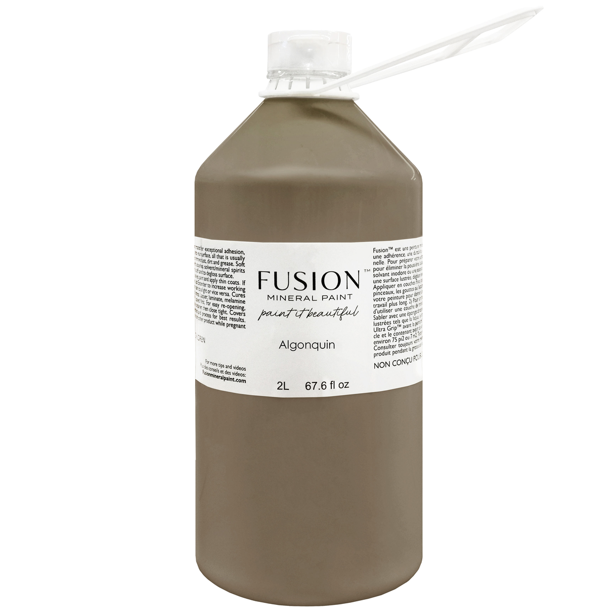 2L Fusion Mineral Paint, Algonquin (deep taupe), matte finish, with white cap and mixing stick included.