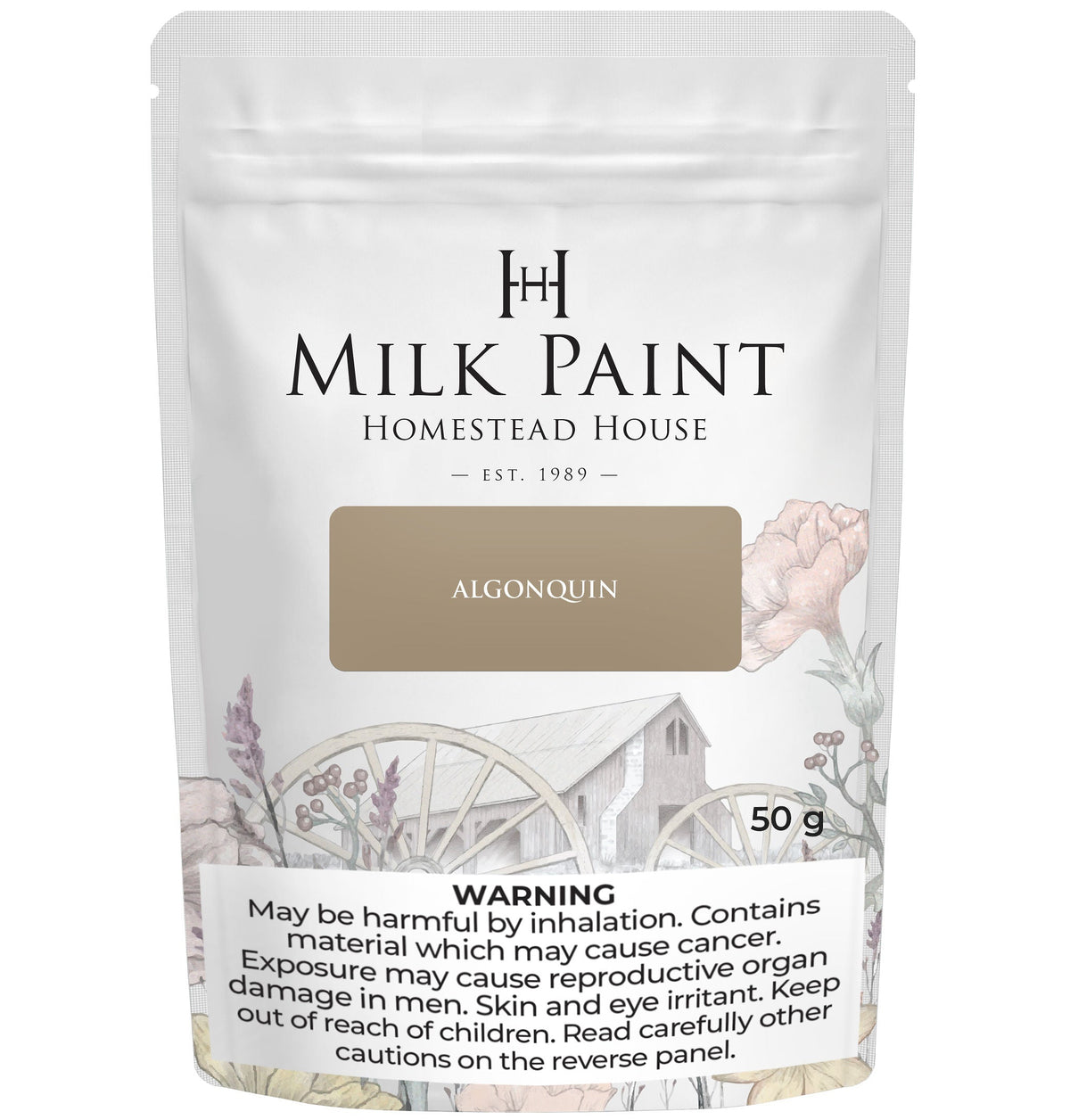Homestead House Algonquin Milk Paint 50g bag with visible warning label at the bottom.