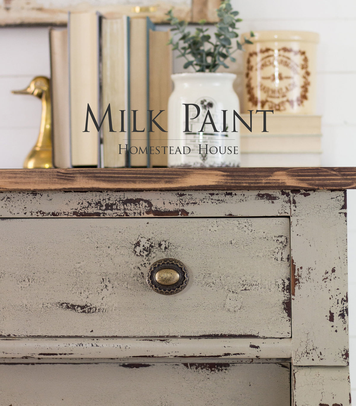 Dresser painted with Algonquin Milk Paint, brass knob, books, ceramic jar, and brass duck accent on top.