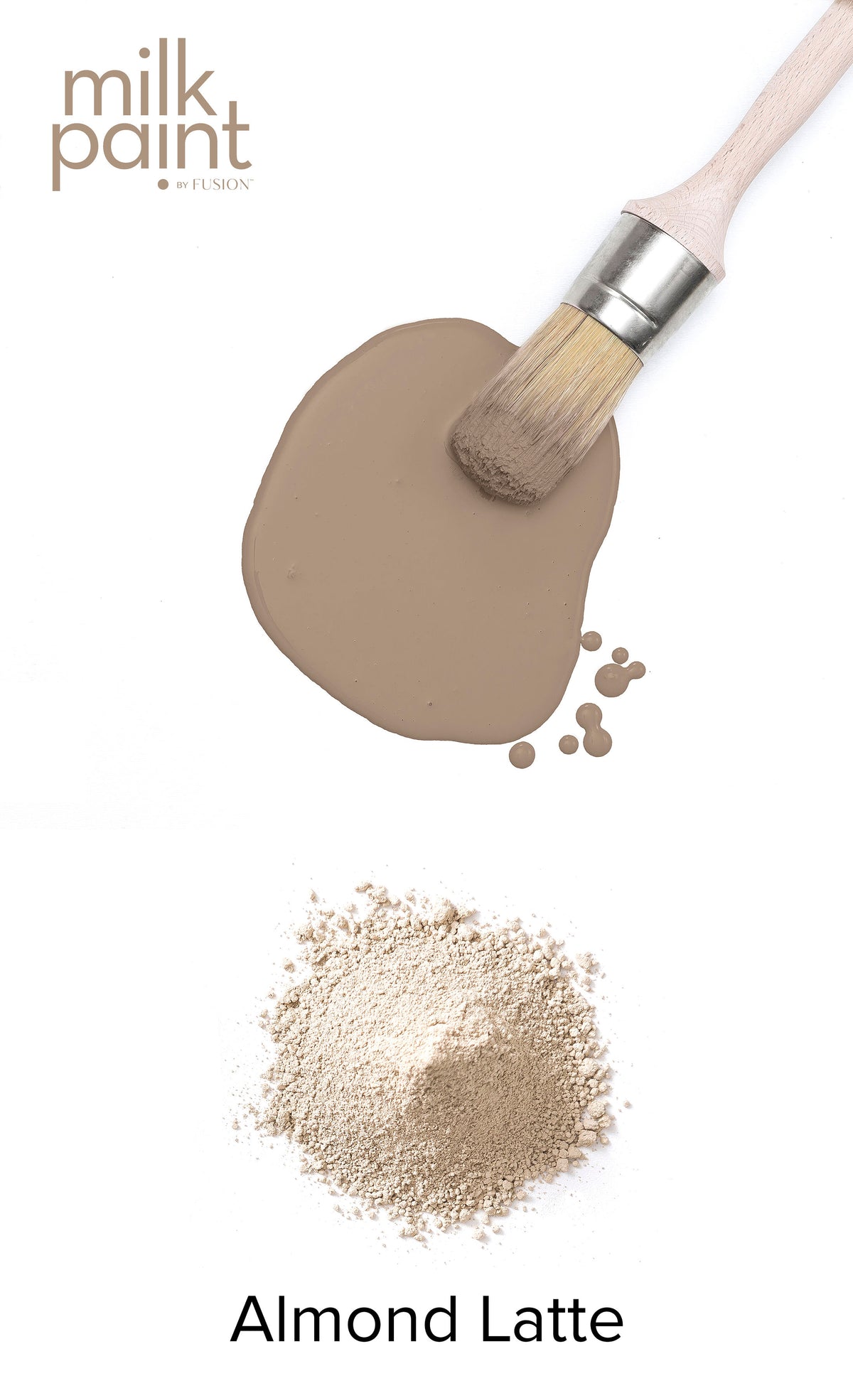 Brush on Fusion Mineral Paintās Almond Latte Milk Paint powder, container labeled āAlmond Latteā underneath.