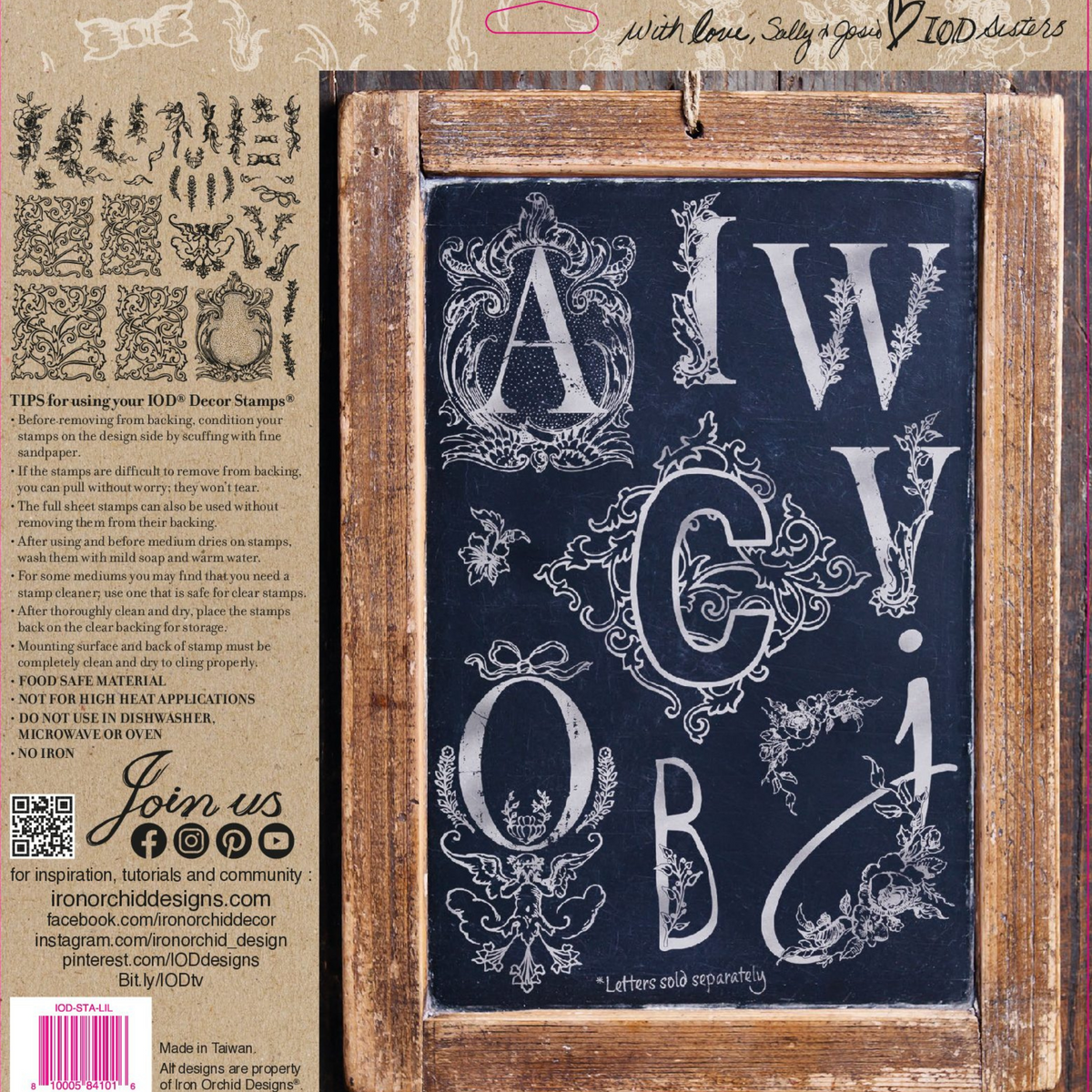 Chalkboard with ornate lettering, created using I.O.D. Alphabellies Stamp by Iron Orchid Designs; rustic frame included.