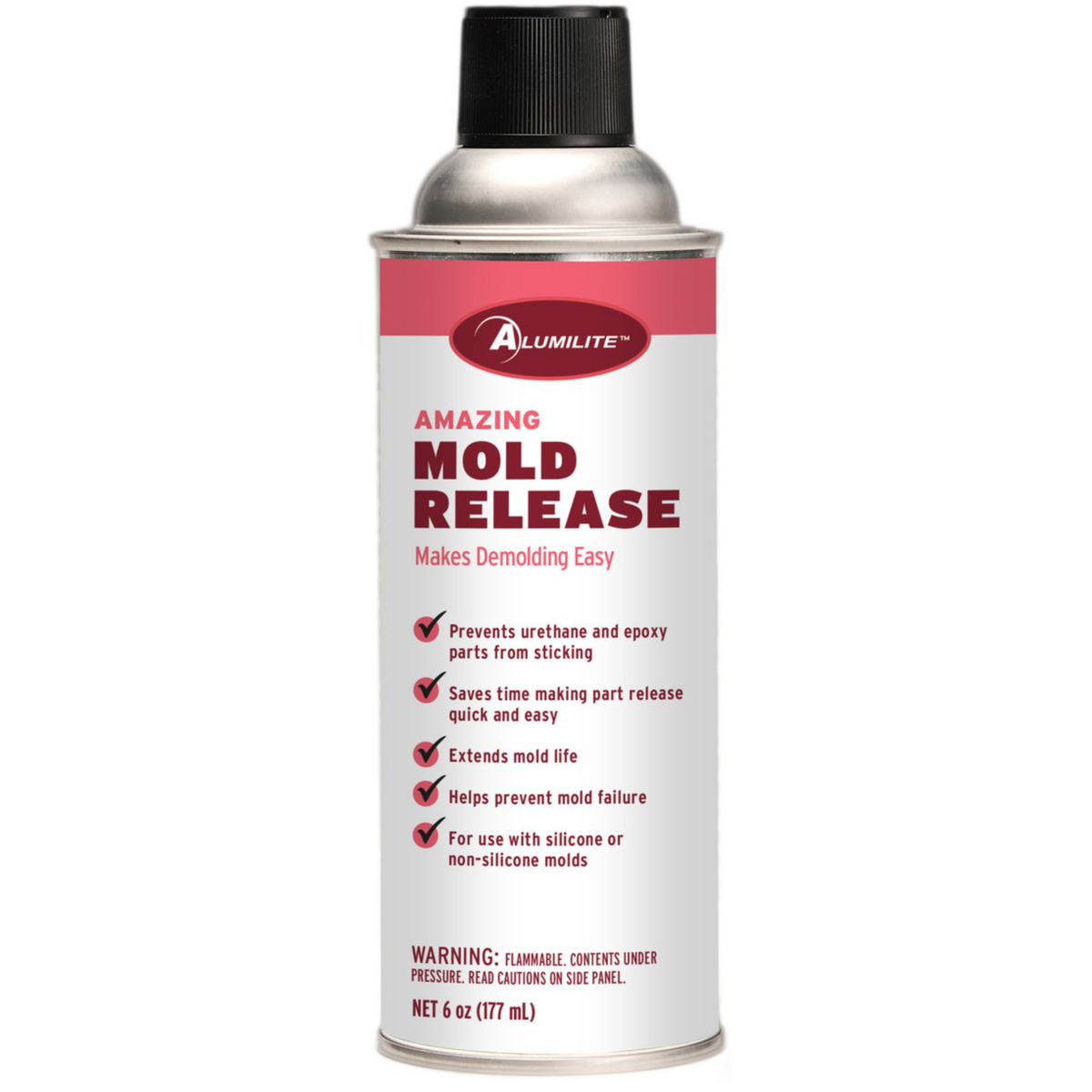 Alumilite Amazing Mold Release Spray can by Notions with resin compatibility, label lists benefits and safety information.