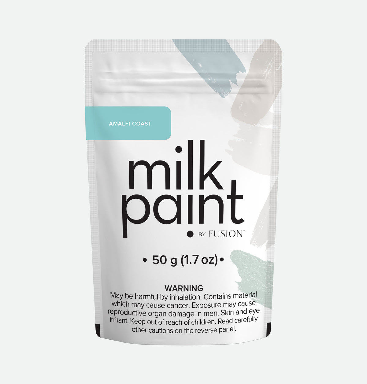 50g white packet of Fusion Mineral Paint Amalfi Coast Milk Paint with cancer warning and brushstroke graphics.