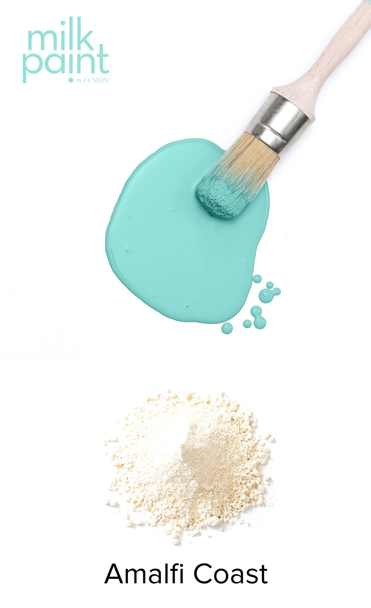 Fusion Amalfi Coast Milk Paint brush with powder below; text reads “milk paint” and “Amalfi Coast”.
