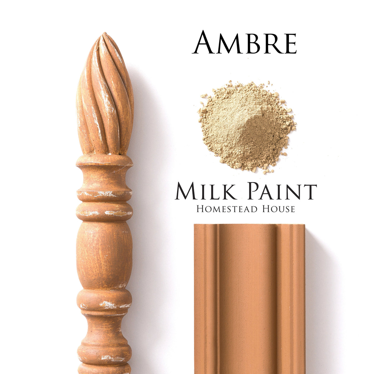 Homestead House Amber Milk Paint on wood spindle and molding, with text: Homestead House milk paint.