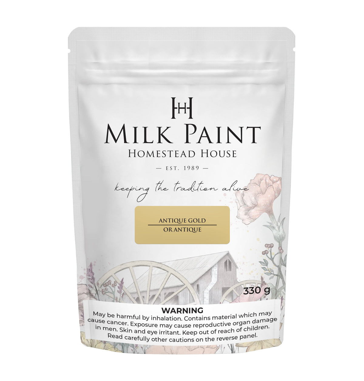 330g Antique Gold Milk Paint by Homestead House with rustic wheelbarrow art and clear safety warning on bag.