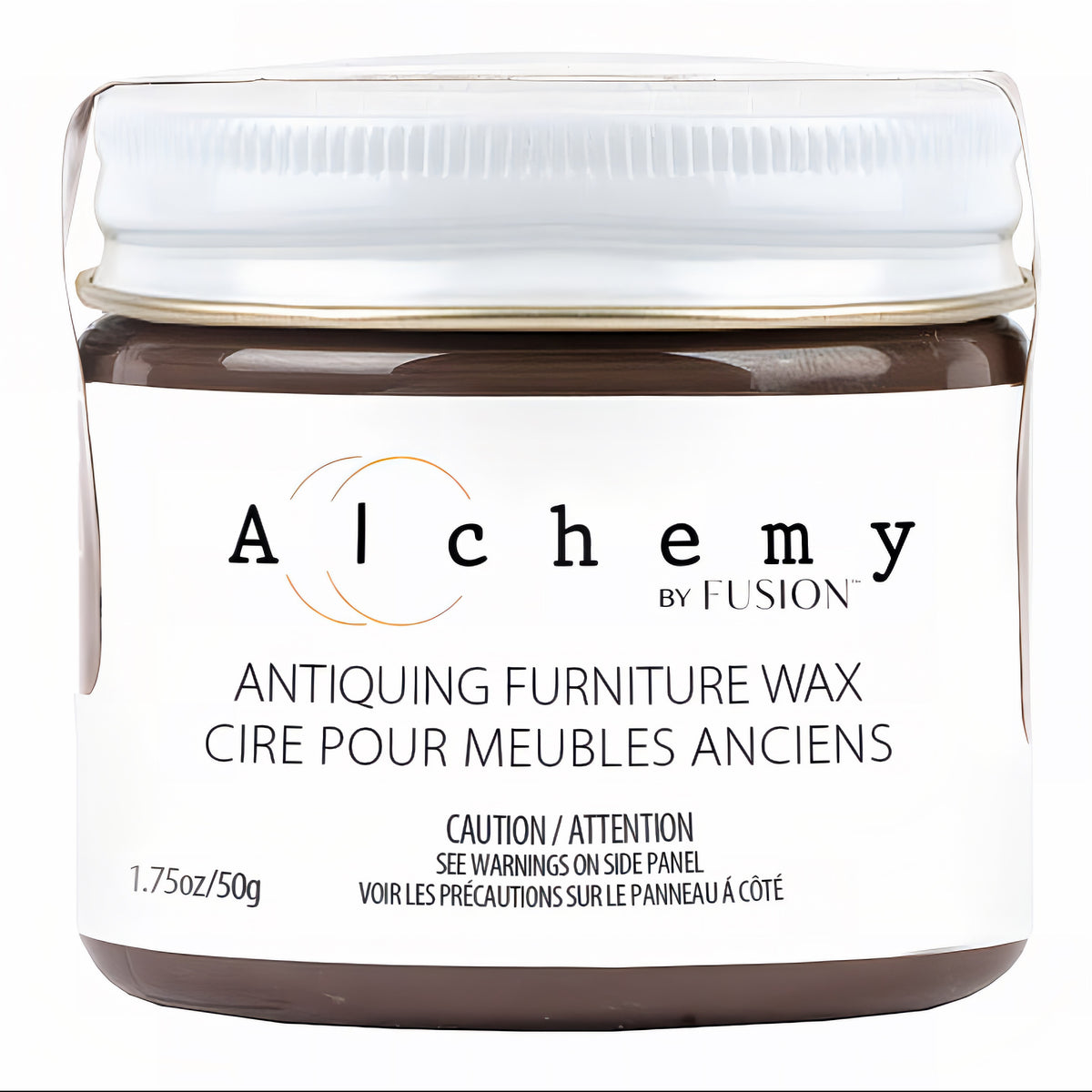 Antiquing Alchemy Furniture Wax by Fusion Mineral Paint in a jar with bilingual label.