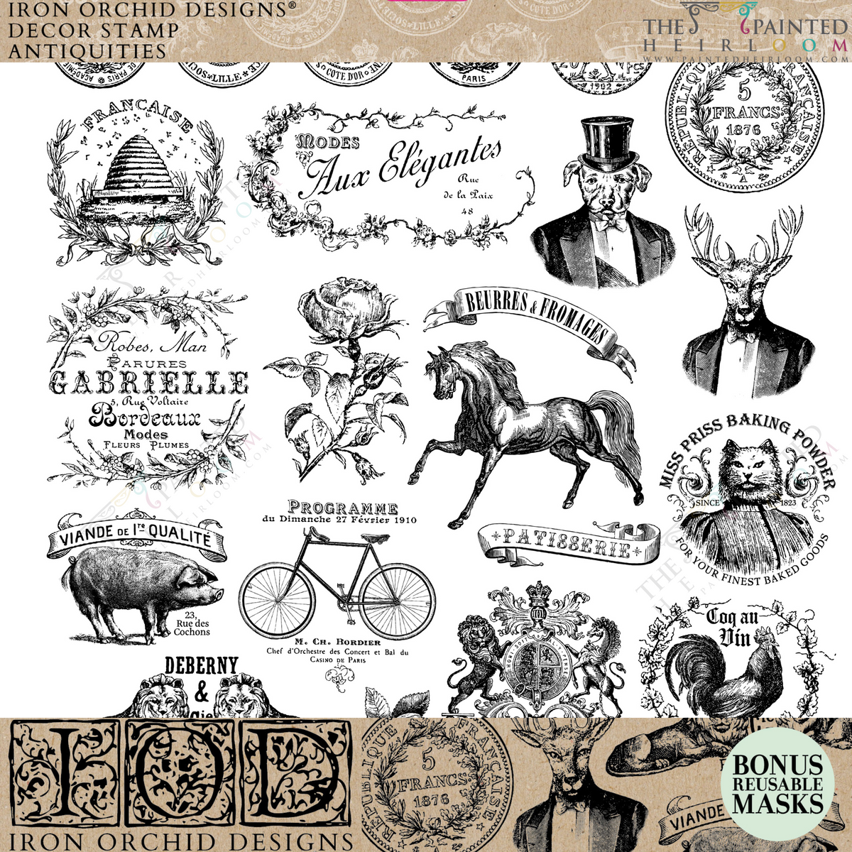 Antiquities Stamp by IOD, vintage French silicone stamp for furniture, scrapbooking, and crafts.