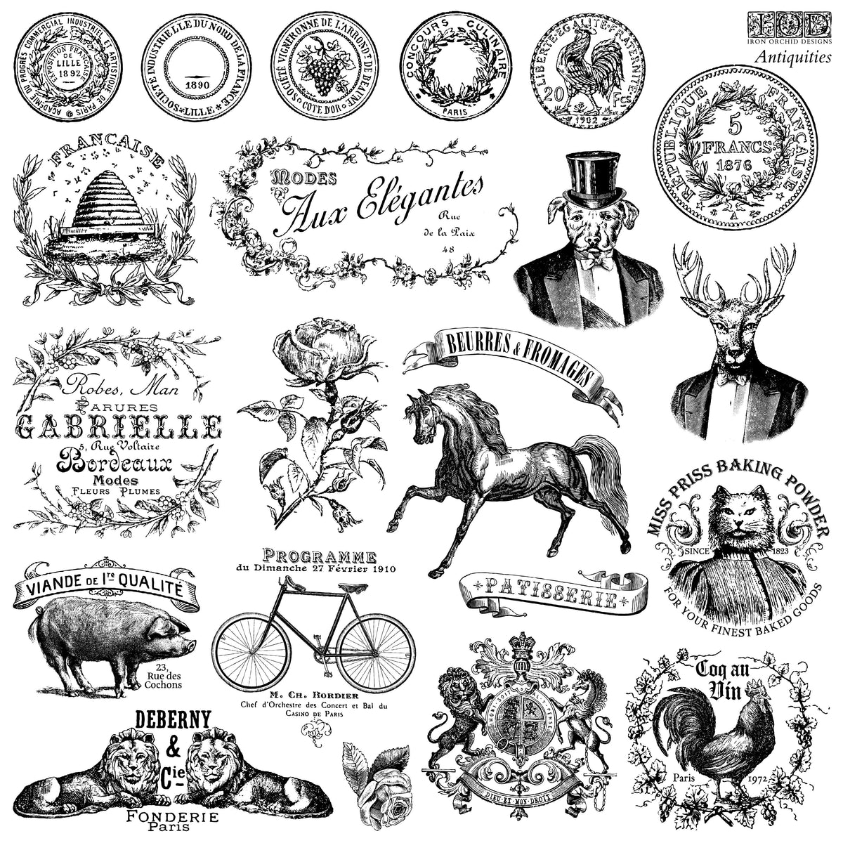 Antiquities Stamp by IOD featuring vintage French labels, animals, and flowers.