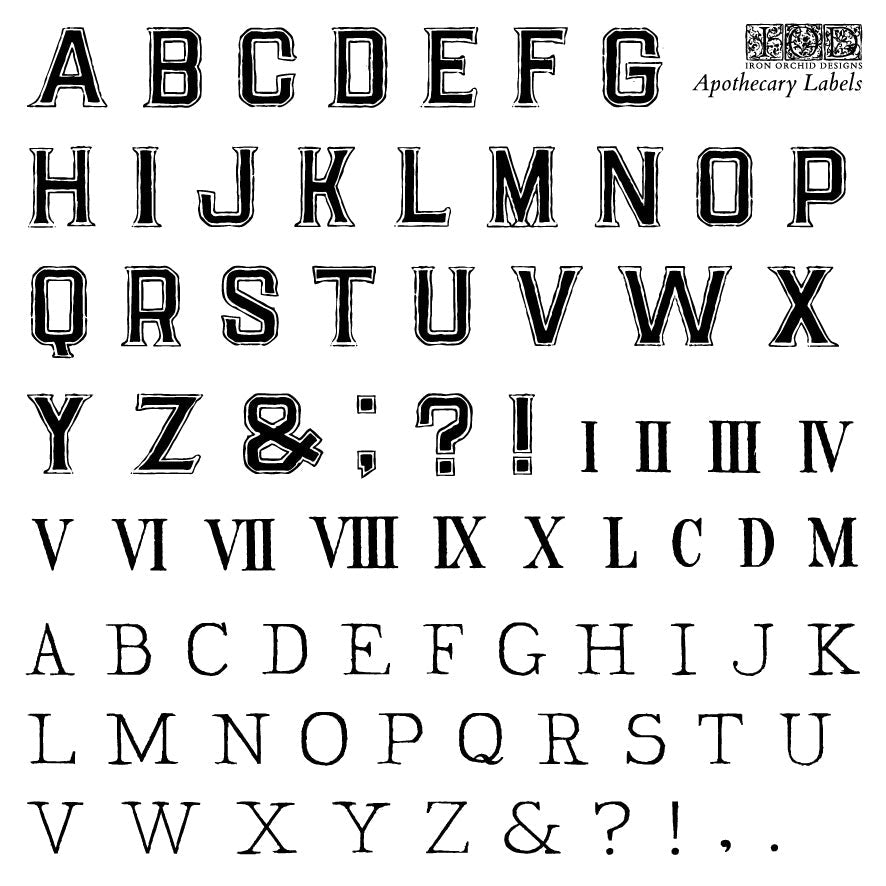 IOD Apothecary Mini-Stamp, black vintage-style alphabet and symbols, for crafts and labels. Brand: I.O.D.