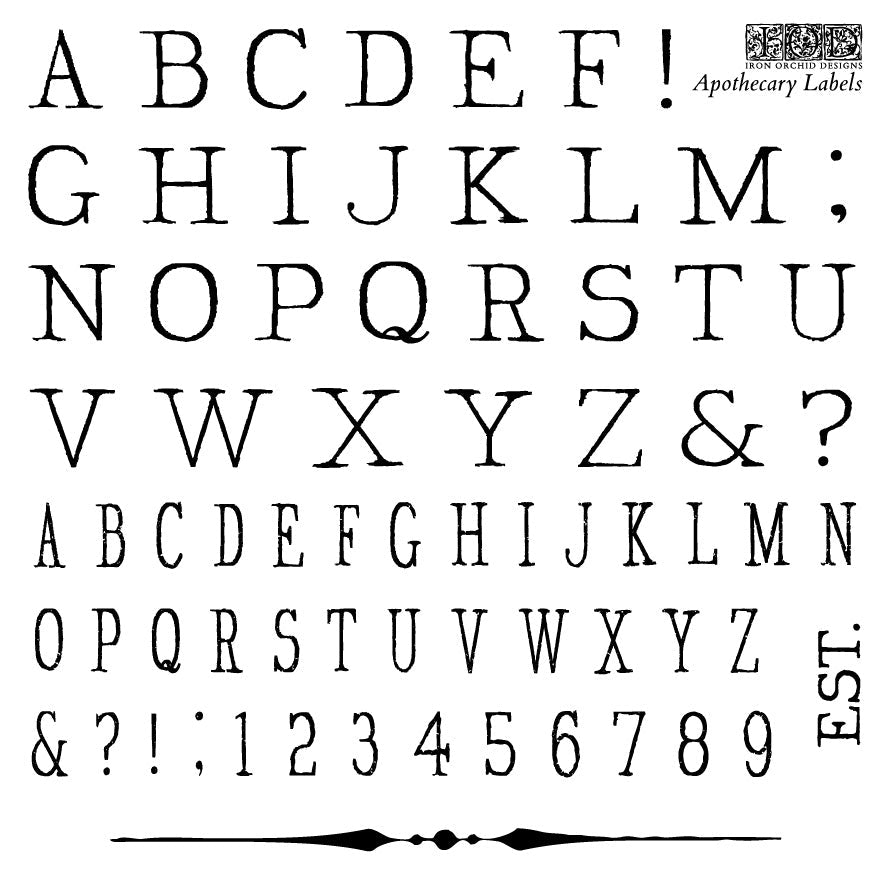 IOD Apothecary Mini-Stamp set with vintage-style letters, numbers, and symbols for crafts. Brand: I.O.D.