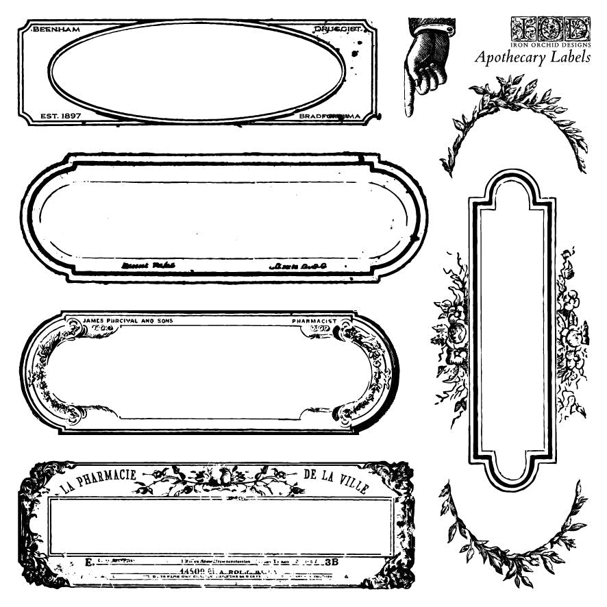 Blank vintage labels compatible with I.O.D. Apothecary Mini-Stamp by Iron Orchid Designs for crafts.
