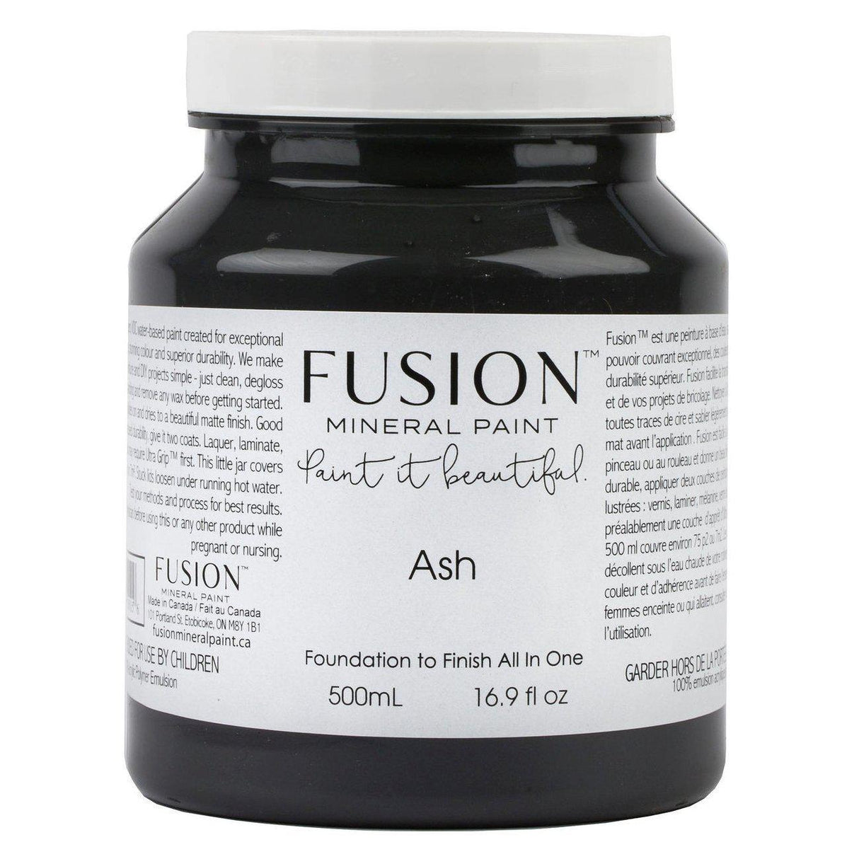 500ml Ash Fusion Mineral Paint, dark charcoal grey acrylic, Fusion Mineral Paint label visible on container.