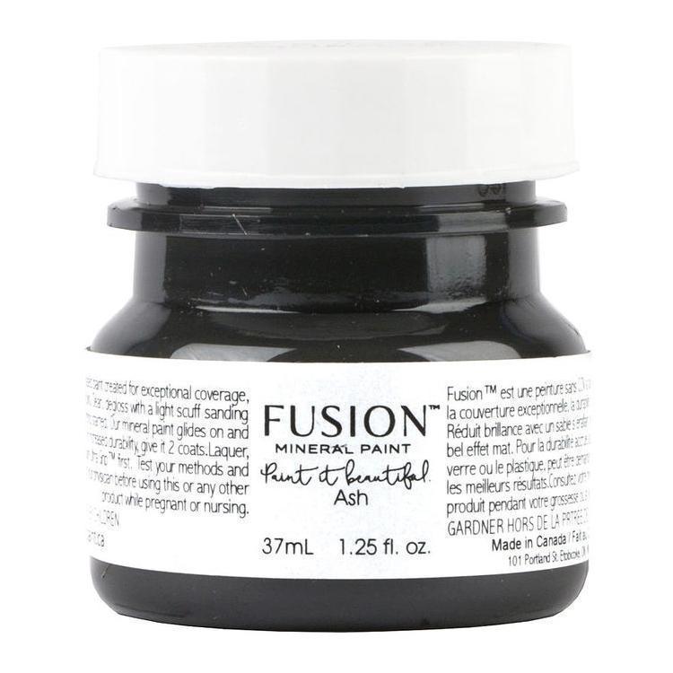 Fusion Mineral Paint 37mL jar, Ash color (dark charcoal grey) with white cap.