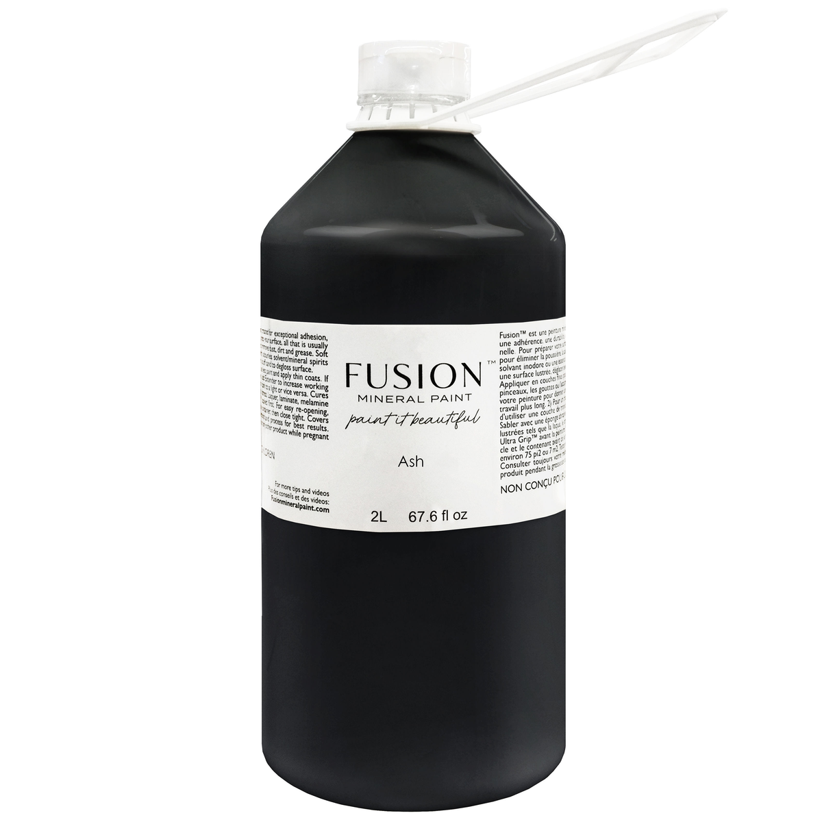 2L Fusion Mineral Paint, shade Ash (dark charcoal grey), with white cap and stir stick included.