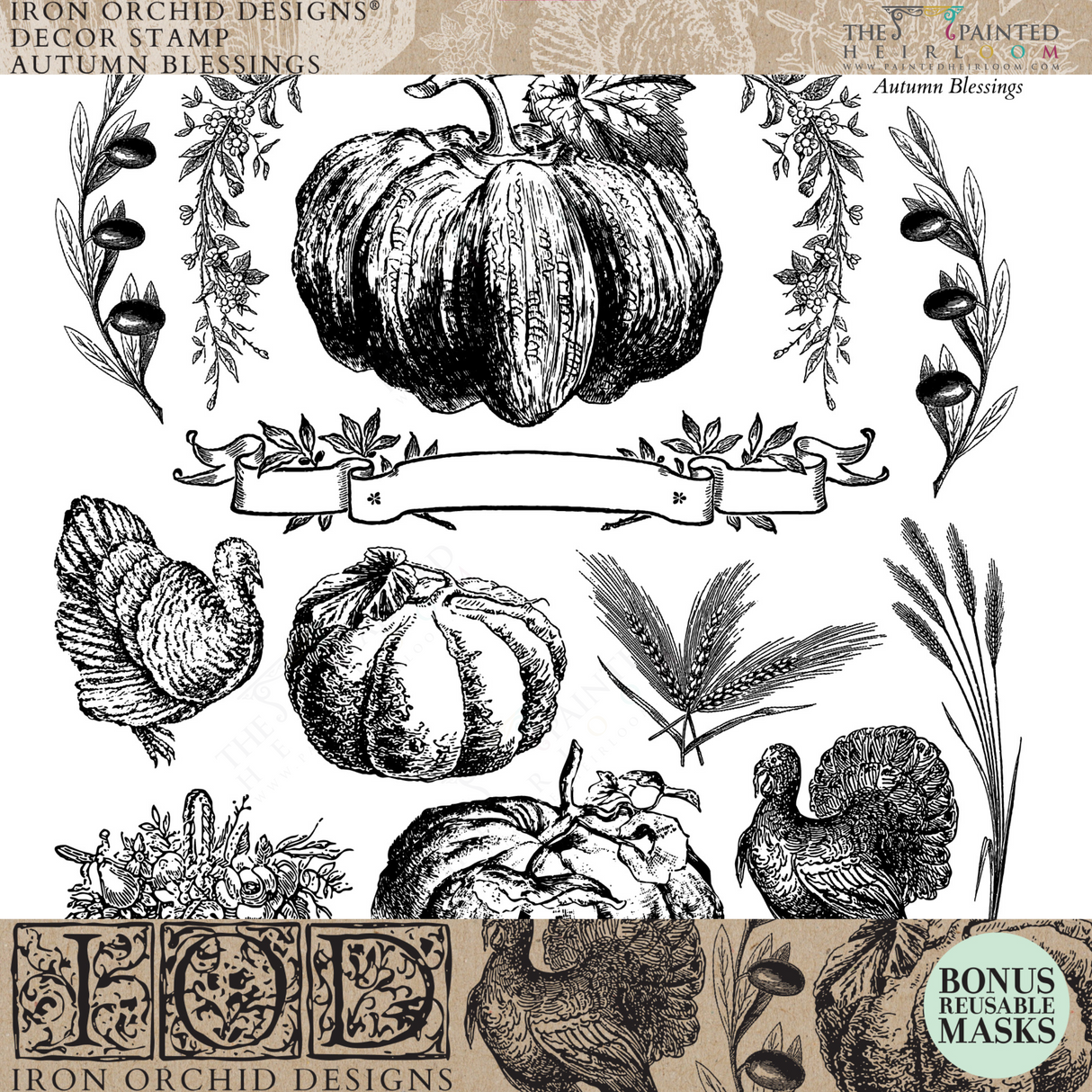 Autumn Blessings Stamp (2025 Limited Release) by I.O.D. featuring symmetrical fall motifs like pumpkins and leaves.