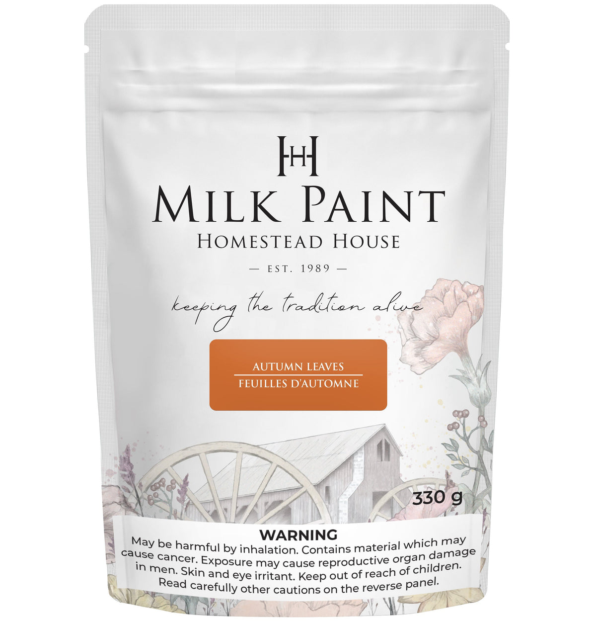 330g bag of Homestead House Autumn Leaves Milk Paint with floral design and safety warning on the packaging.