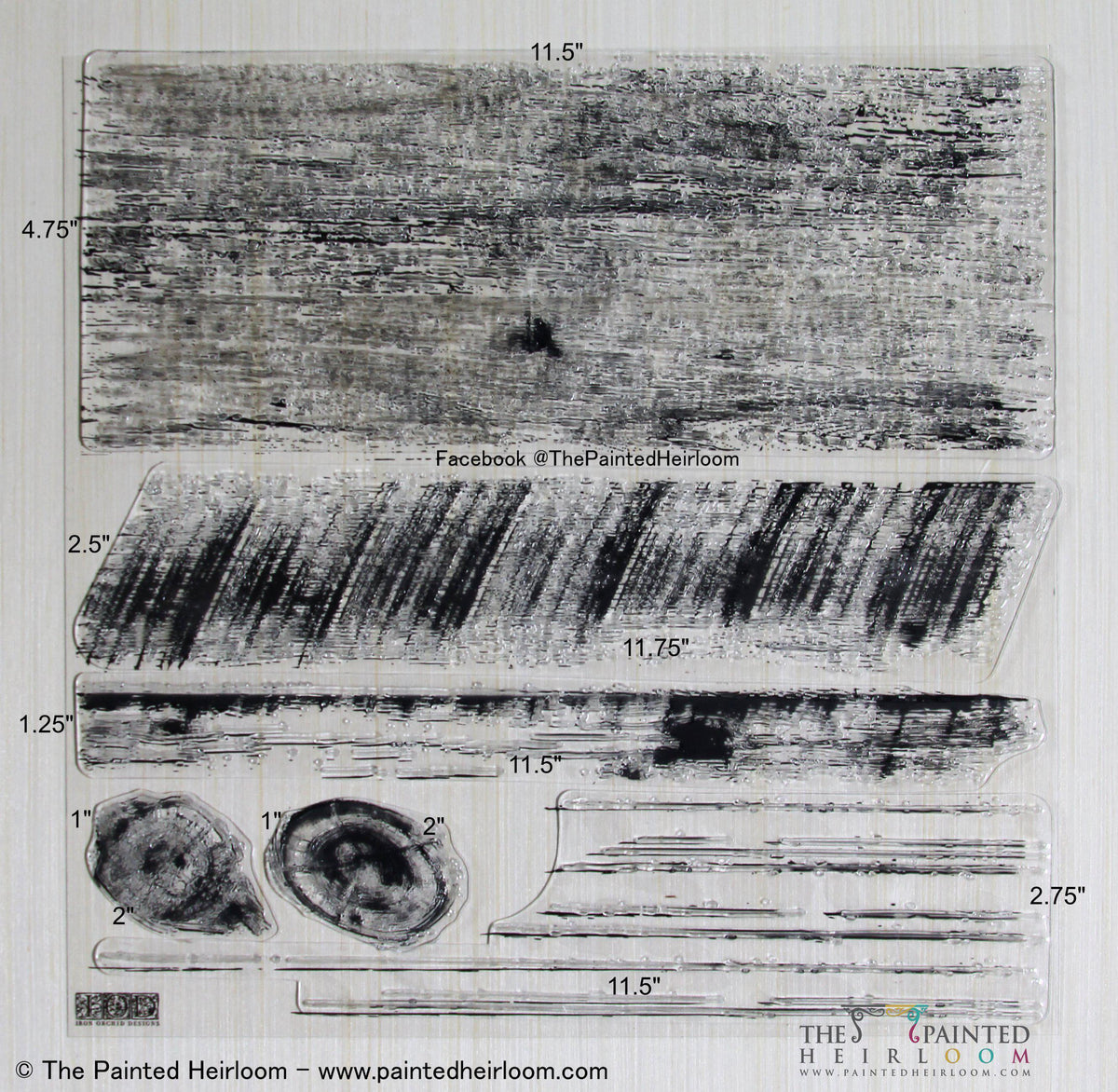 I.O.D. Barnwood Planks Stamp by Iron Orchid Designs; clear silicone, wood grain and knot patterns, sizes in inches.