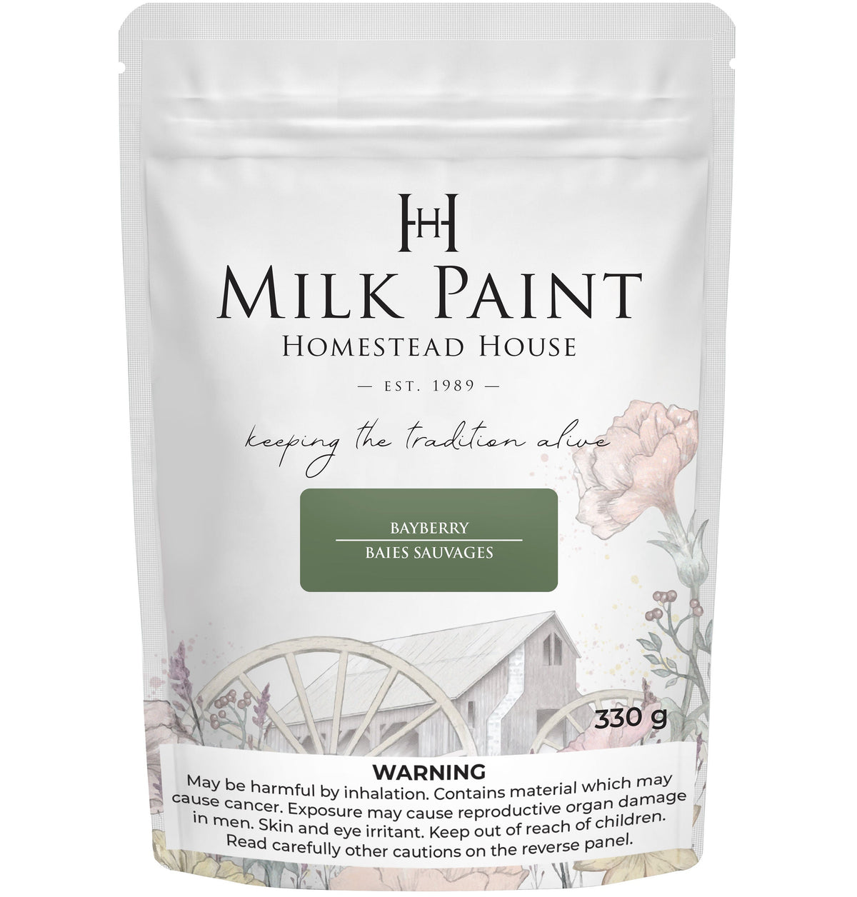 330g Bayberry Milk Paint bag by Homestead House featuring rustic wagon and floral design on packaging.