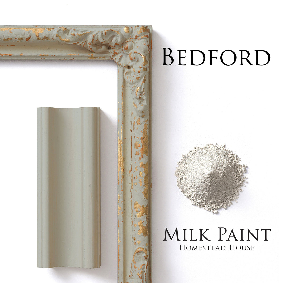 Frame, paint sample, and Bedford Milk Paint by Homestead House shown together.