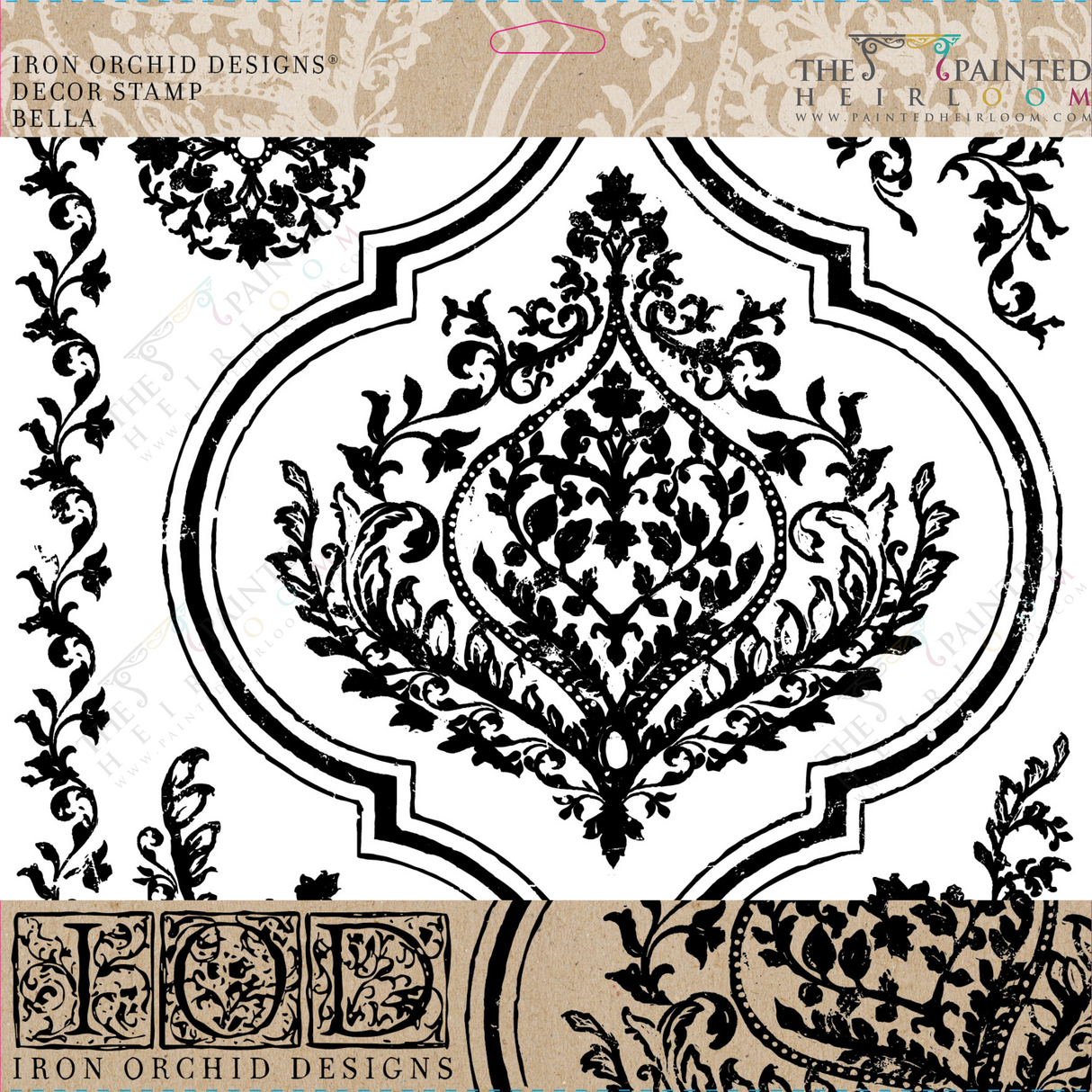 Bella Stamp (Retired) by IOD—black ornate damask pattern on white background, Iron Orchid Designs.