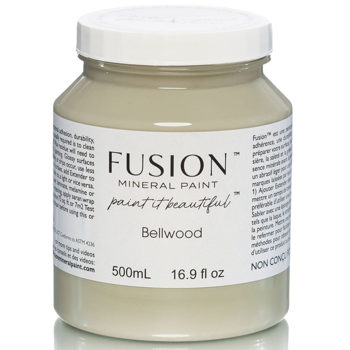 Fusion Mineral Paint 500ml jar, Bellwood (soft sage green), with silver lid and white label.