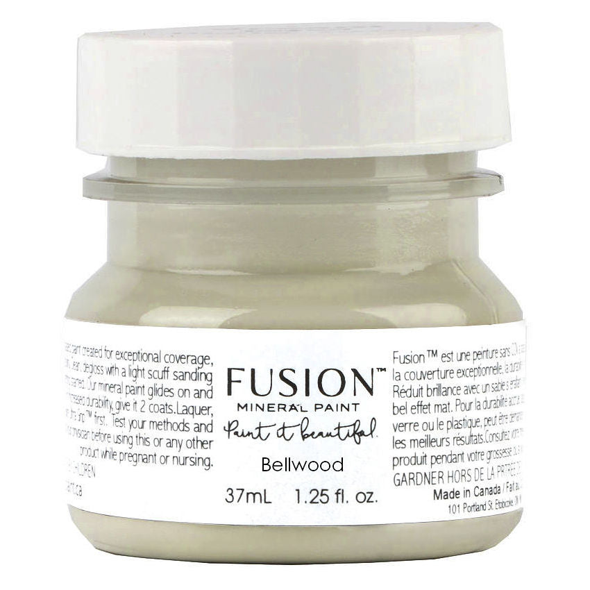 1.25 fl. oz. Bellwood Fusion Mineral Paint jar, soft sage green, with white label and gray-green paint inside.