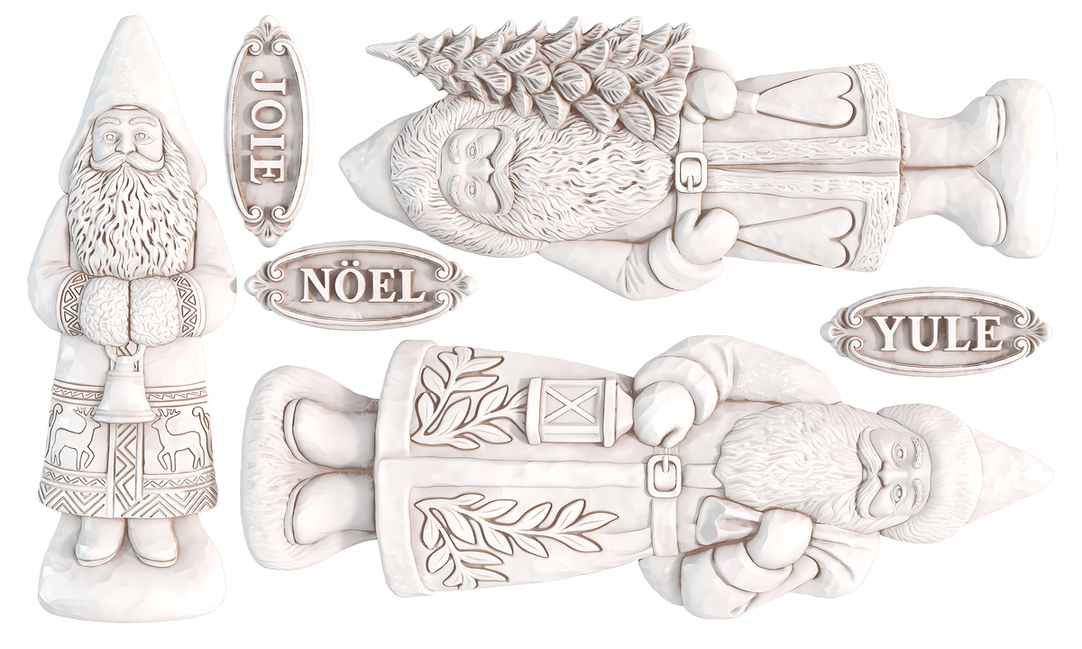 Four Santas crafted with I.O.D. Belsnickel Mould (2026 Limited Release) and JOIE, NOËL, YULE plaques on white background.
