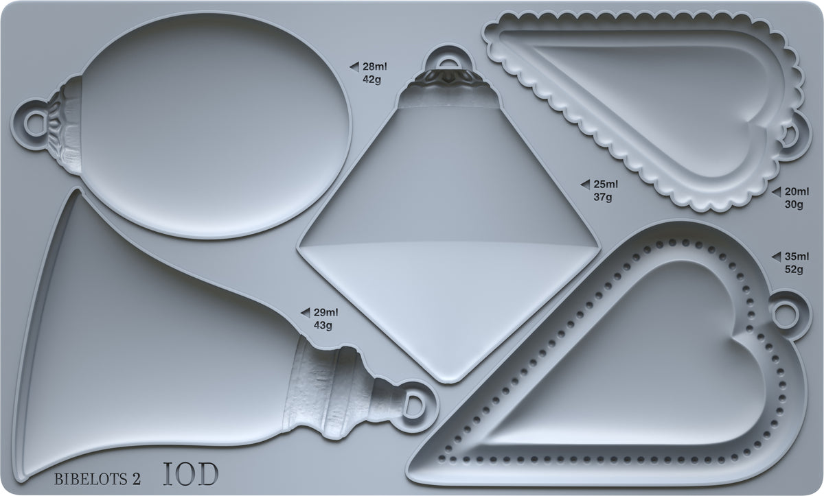 Gray I.O.D. Bibelots 2 Mould tray (2025 limited), five ornate ornaments labeled in ml and grams.