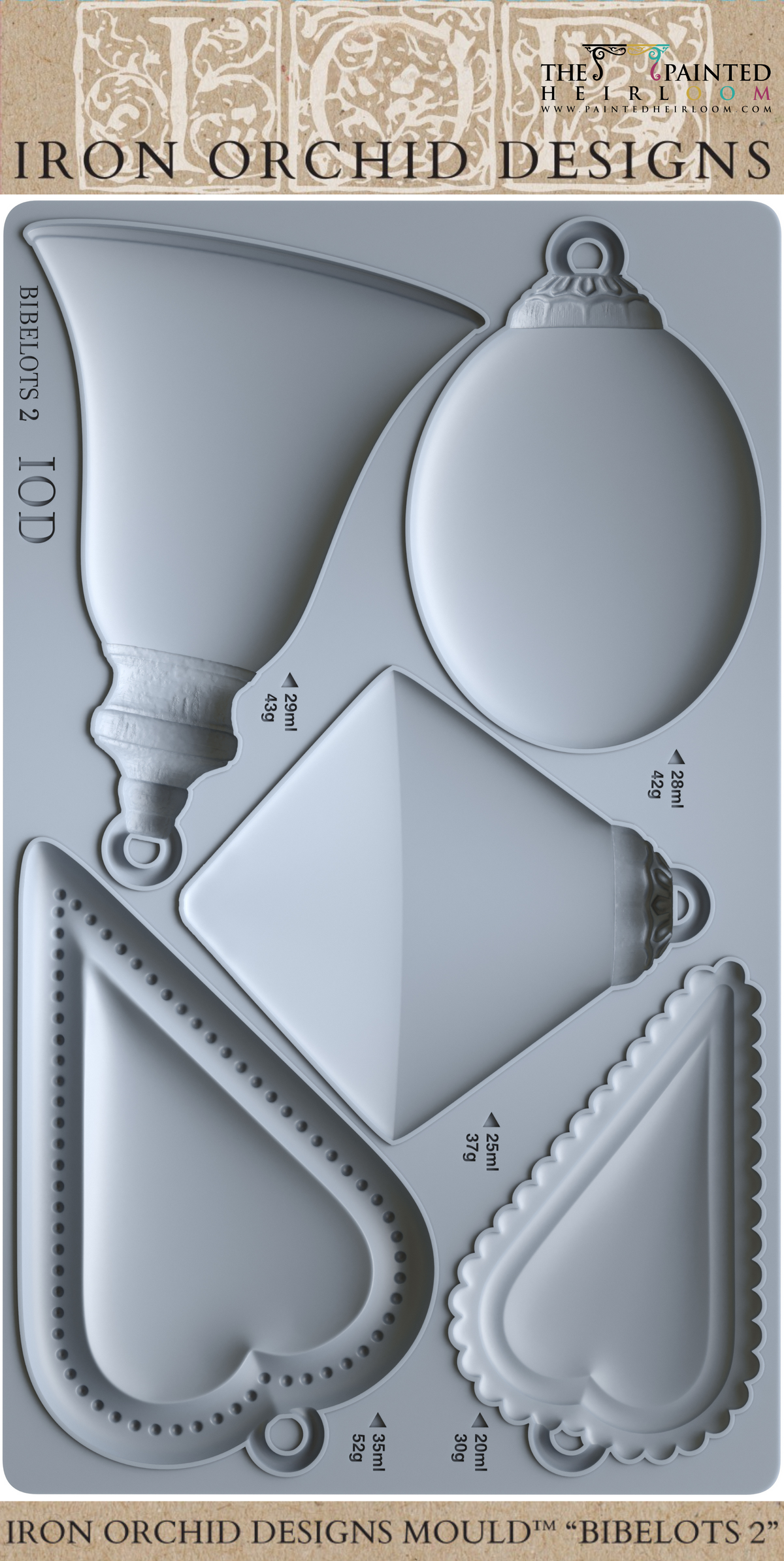 I.O.D. Bibelots 2 Mould 2025 Limited Release with five ornament cavities for embellishment crafting.