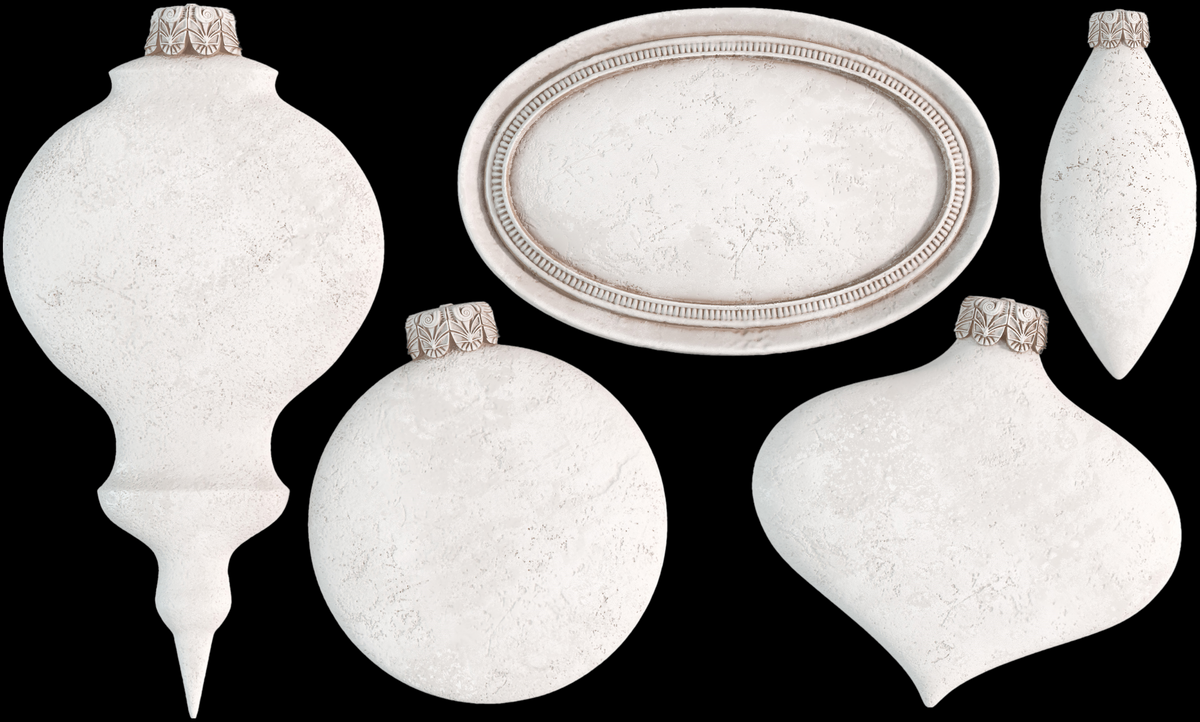 The Bibelots Mould (2024) by I.O.D., white ornaments and tray on black background.