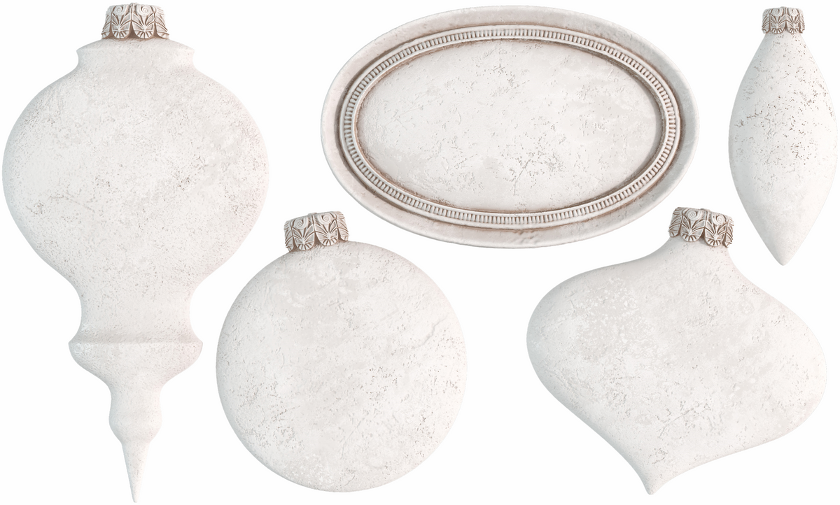 Five white 2024 Limited Release Bibelots Mould ornaments by I.O.D. displayed against a plain background.