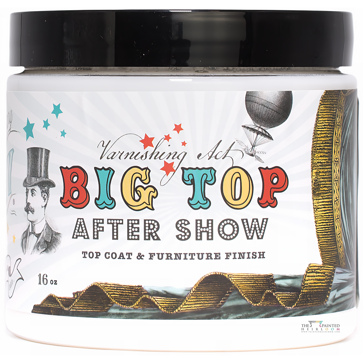 16 oz DIY Paint Co. BIG TOP Top Coat jar with decorative graphics, water-based furniture finish.