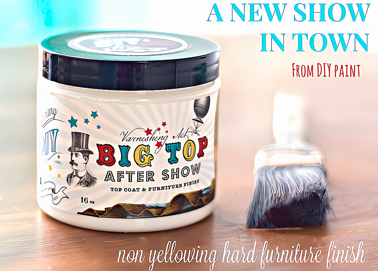 A BIG TOP DIY Top Coat jar by DIY Paint Co. next to a brush, with product text visible on the label.