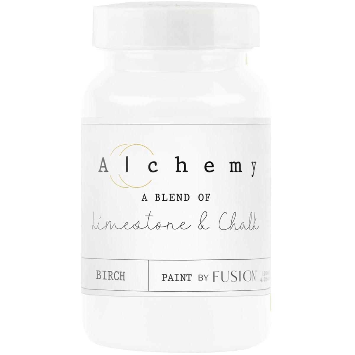Fusion Mineral Paint Birch Alchemy chalk-style paint in a white plastic jar with label visible.