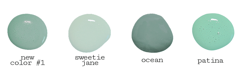 Four Old Fashioned Milk Paint swatches, Birdie to Patina, in non-toxic green shades including Sweetie Jane.
