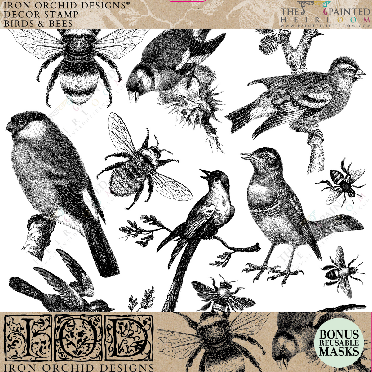 IOD Birds and Bees Stamp featuring black and white bird and bee illustrations for scrapbooking by I.O.D.