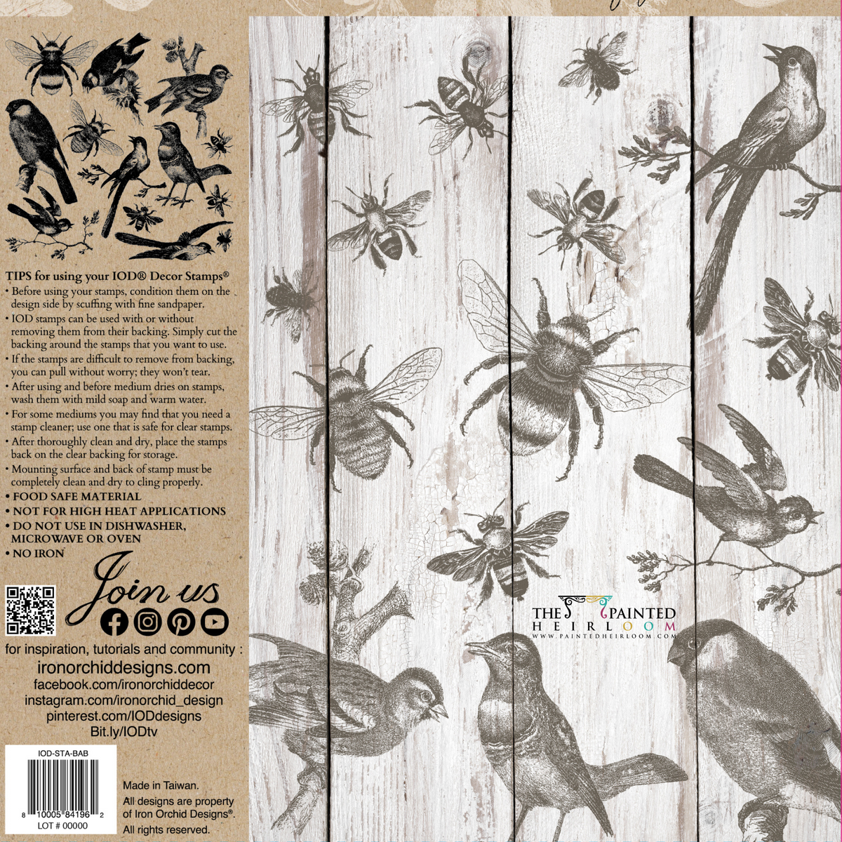 IOD Birds and Bees Stamp featuring bird and bee sketches for decorating wood-textured surfaces.